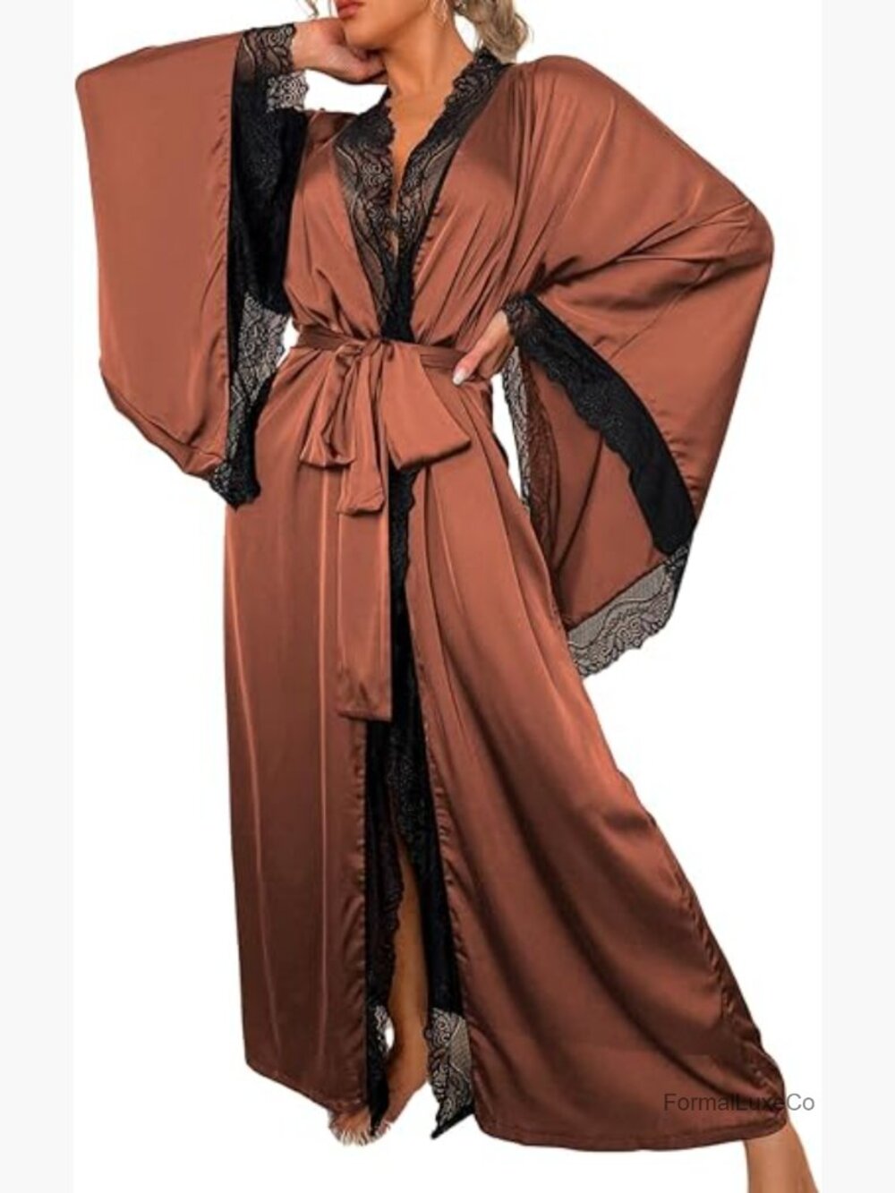 Silk Long Satin Lace Trim Robe Lightweight Bridal Kimono